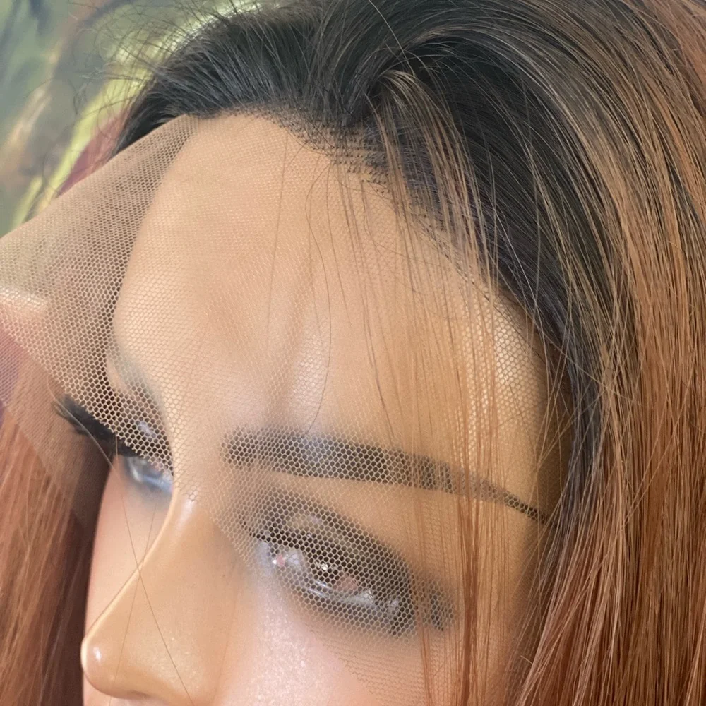 free part invisible lace front wig with roots auburn